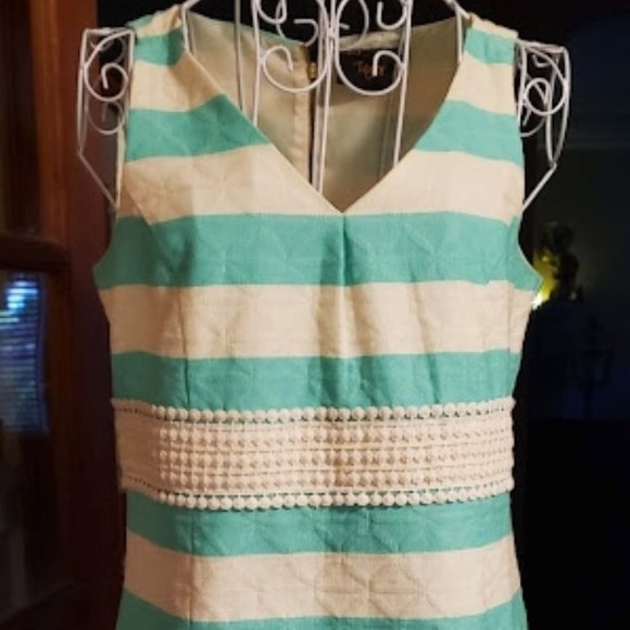 Just Taylor sz 6 teal / ivory striped sleeveless dress with ric rac trim - Picture 2 of 5